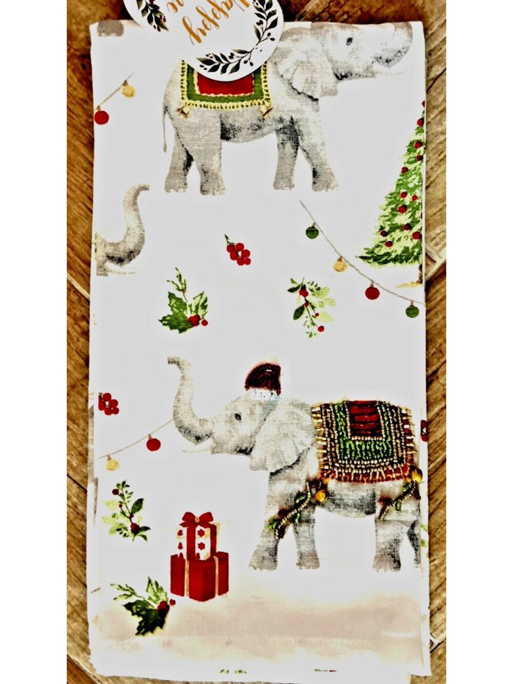 CHRISTMAS ELEPHANT Kitchen Towel Set of 2 Embroidered BEADED Detailed 20" x 28
